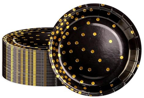 BOKFJBP 50Stück Pappteller, Schwarz Gold Goldfolie Partyteller 18CM Polka Dot Pappteller Papier Teller zum Abschlussfeier Jubiläums Einweihungsfeier Geburtstag Party