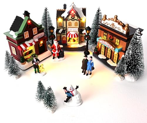 Valery Madelyn Pre-Lit Christmas Village Set House Decoration, Battery Operated Christmas Figurine Accessories Town Building Collection for Holiday Xmas DIY Tabletop (17 PCS)