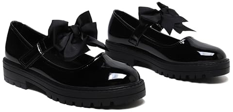 Gizelle® Girls Patent Black Mary Jane School Shoes with Detachable Bow On Strap - Toddler Kids Back to School Comfortable Anti-Slip Uniform Flat Shoes UK-2uk