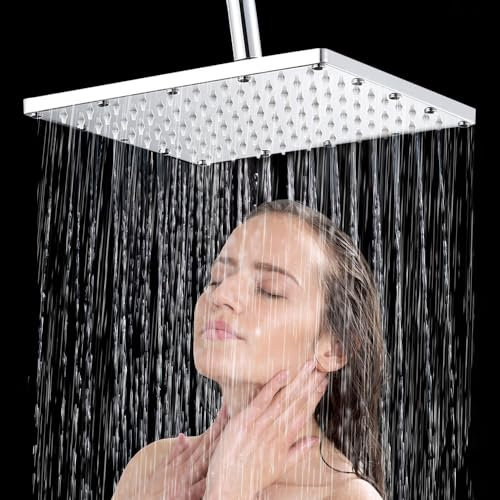 LONGHEXINA Soffione doccia ad alta pressione, soffione doccia a pioggia, 25,4 cm, soffione di ricambio con sfera girevole, in acciaio inox 304 quadrato fisso con finitura cromata raccordi universali