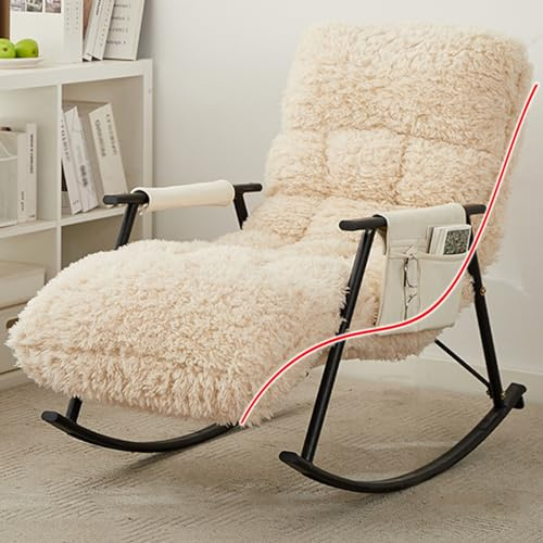 YVYKFZD Schaukelstuhl, bequemer Schaukelsessel mit hoher Rückenlehne, gepolsterter Freizeit Relaxsessel mit Verstellbarer Kopfstütze, Tragfähigkeit 200 kg(Beige Black)