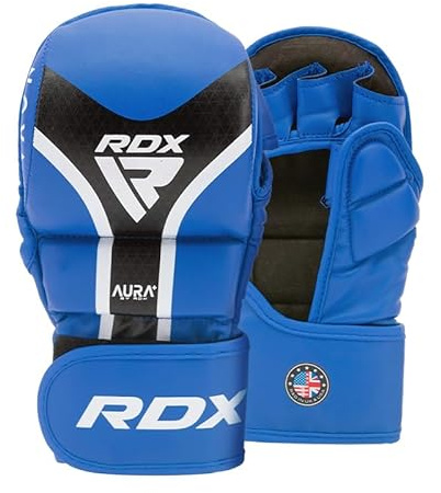 RDX Brottningshandskar MMA Shooter T17 – Maya Hide Leather Kalix hud, IMF-skum, EVA-Lution vaddering, vadderad tumm, Quick-EZ rem, andningsbart foder – sparring och träningshandskar (blå, M)