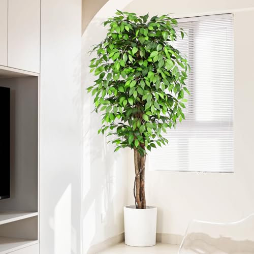 Keeplush 7ft Large Artificial Ficus Trees with Natural Curved Trunks, 210cm Tall Artificial Plants Tree for Indoor, Fake Ficus Tree Green Lifelike Home Decor