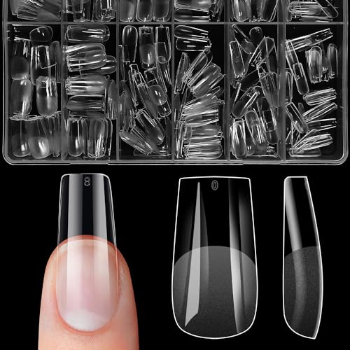 ZIFUTON 504pcs Capsule Americaine Ongle Carré Long Faux Ongles, Capsule Ongle Gel x Pose Americaine Couverture Complète Pour Débutant,Salons de Manucure Nails-Transparent-12 Tailles-Semi Givré
