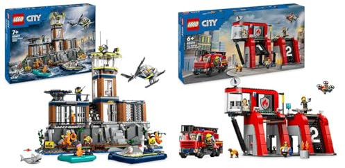 LEGO City Polizeistation auf der Gefängnisinsel, Polizei-Spielzeug mit Hubschrauber & City Feuerwehrstation mit Drehleiterfahrzeug, Feuerwehr-Spielzeug