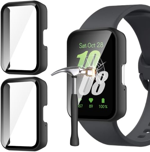 Jvchengxi Skydd Fodral för Samsung Galaxy Fit 3, 2-St Hård PC Skyddsfilm Härdat Glas Skyddshölje Skrapskydd Skärmskydd för Samsung Galaxy Fit 3 (Svart+Svart)