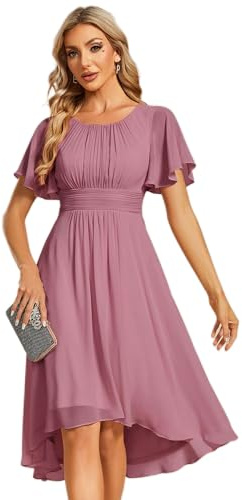 Ever-Pretty Women's Chiffon Crew Neck Pleated Waist Short Sleeve Wedding Guest Dress Bridesmaids Orchid 16UK