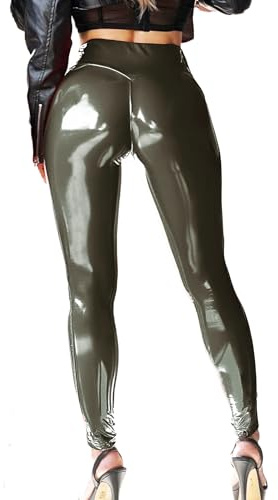 Mstaad Patent konstläder leggings för kvinnor hög midja rumplyft lack läder latex skinande byxor konsertkläder, Brons Grön, M