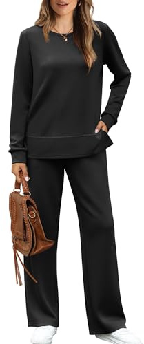 WIHOLL Womens Two Piece Outfits Fall Essentials Vacation Long Sleeve Wide Leg Tracksuit Comfy Lounge Set Airport Loungewear Women's Winter Jumpsuits 2025 Cowboy Chic Black M