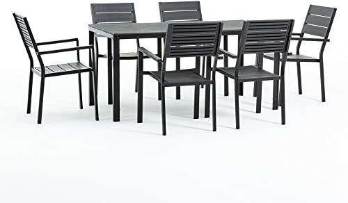 RATTATAN Thomas & Adele - Garten-Set für 6 Personen, Gartenmöbel, Terassenmöbel Set, Sitzgruppe Möbel Set, Eisenrahmen, Polyethylen, stapelbar, Holzoptik (Anthrazit)
