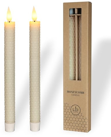 comforder Echtwachs LED Stabkerzen, Bienenwaben Optik, 2er Set (Creme) | Flackernde Flamme, Timerfunktion, batteriebetrieben mit 2x AAA (nicht enthalten), realistisches Kerzenlicht