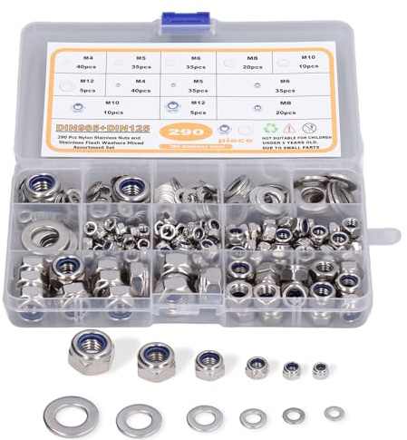 Nylon-Sicherungsmuttern-Set, 290 Stück M4 M5 M6 M8 M10 M12 Muttern-Unterlegscheiben-Sortiment 304 Edelstahl-Unterlegscheiben Nylon-Sicherungsmuttern für Schrauben