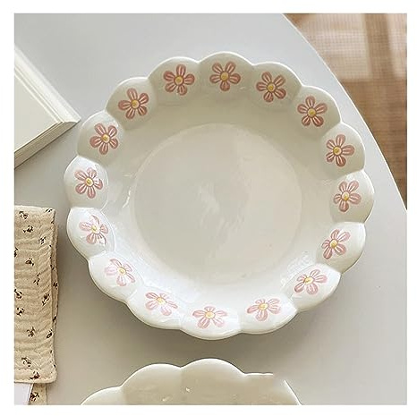 Assiettes plates Assiette à bord pétale sous glaçure assiette à dîner en porcelaine céramique assiette à Dessert couverts 8 pouces assiette ajourée en relief Vintage Assiette de cuisine(2)
