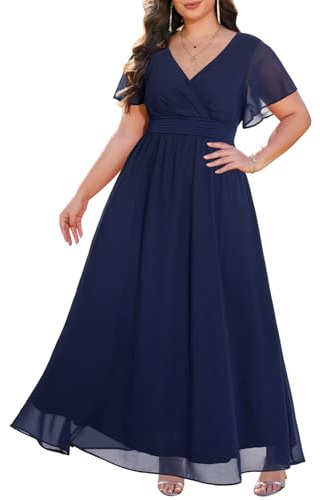 Talisea Geschäftskleidung in Übergröße – V-Ausschnitt, Flatterärmel, Glitzer, für Abschlussball, als Abendkleid oder für Hochzeit, Chiffon-Material, langes Maxikleid