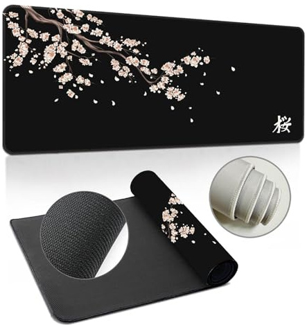 Hearda 3D Mauspad XXL/XL/L, Elegante Sakura Gaming Mauspad, Mauspad mit Anti - Rutsch Gummiboden, Vernähte Kanten Mousepad, Abstraktes Mouse pad für Büro, Zuhause (Schwarz,1200x600x3mm)