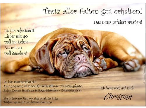 Unser-Festtag Einladungskarten zum 50 Geburtstag, lustig, jedes andere Alter möglich, Wunschtext mit freier Texteingabe Fauler Hund mit Falten (15 Karten)