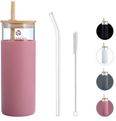 Zymera Lyvra Pure 1.0 Glas Becher mit Strohhalm 500ml – Wiederverwendbarer Trinkbecher mit Bambusdeckel – Iced Coffee, Matcha, Smoothie & Eistee Glas (Pink)