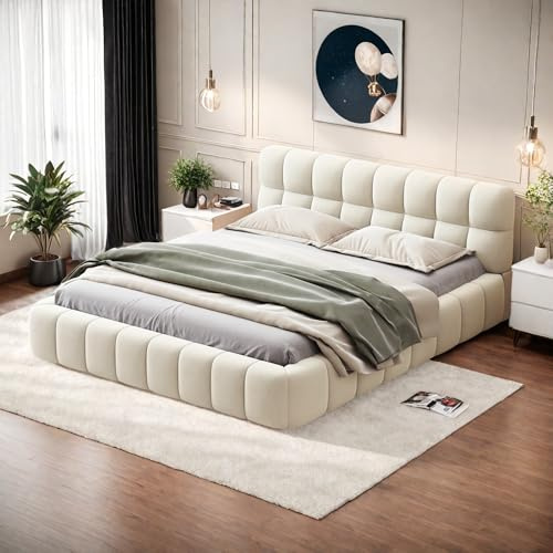 Julyue Lit double 140 x 190 cm, lit rembourré avec tête de lit rembourrée, sommier à lattes en bois, lin (beige, 140 x 190 cm)