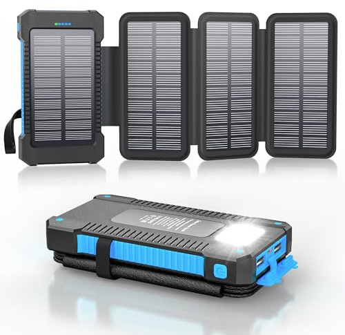Solar Power Bank 26800 mAh med 4 solpaneler, Power Bank USB-C snabbladdning för kompatibla telefoner, IPX7 vattentäta externa batterier för utomhusbruk med ficklampslampa/SOS/Strobe