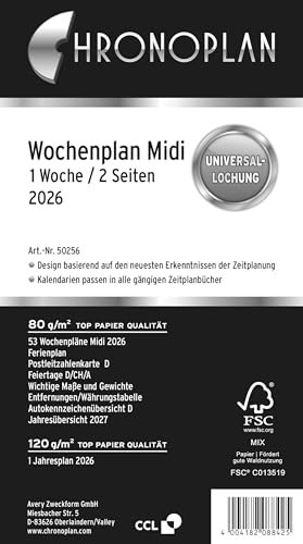 Chronoplan 50256 Kalendereinlage 2026 (Wochenplan Midi (96x172mm), Ersatzkalendarium für Terminplaner, ideal für detaillierte Wochenplanung, 1 Woche auf 2 Seiten in Zeilen, mit Universallochung) weiß