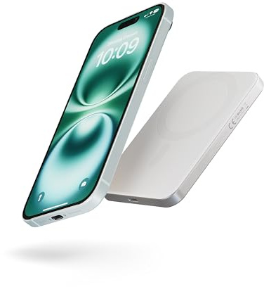 Zens Slim Aluminium Power Bank Qi2 5k mAh, Chargeur sans Fil de 15 W Compatible avec MagSafe pour iPhone Air/17/16/15/14/13/12 et AirPods, câble USB C-C de 30 cm Inclus, Blanc