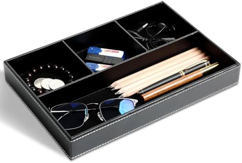 Svuotatasche in Pelle, Organizer per Cassetti Scrivania da Ufficio Vassoio Portaoggetti PU Tray con 4 Scomparti, Dresser Portafoglio da Ufficio Storage Vassoio Box per Chiavi, Telefono, Portafoglio