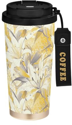 Bicchieri da viaggio per caffè e caffè con fiori di giglio appuntito, tazze con coperchio, in acciaio inox, isolanti, per bevande calde e fredde, 500 ml, a prova di perdite