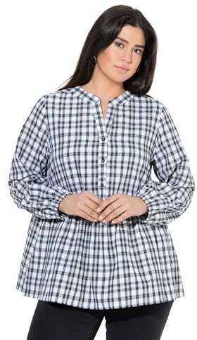 Ulla Popken Damen große Größen Übergrößen Plus Size Bluse, Karomuster, Volantsaum, Stehkragen, Langarm schwarz 50+ 835975100-50+