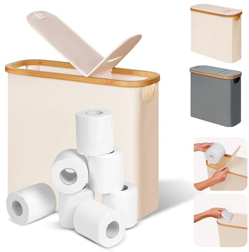efluky 28L 2-in-1 Toilettenpapier Aufbewahrung Korb aus Bambus mit Papierauslass, Toilet Paper Organizer, Klopapier Aufbewahrung mit Deckel, Faltbarer Aufbewahrung Box für Badezimmer, WC (Beige)
