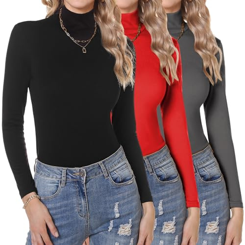 Aottori 3er Pack Langarmshirt Damen Rollkragen Slim Fit Stretch | Rollkragenshirt Set, Oberteile Langarm, Basic Tops, Casual, Einfarbig, Herbst Winter, für Alltag Freizeit Büro