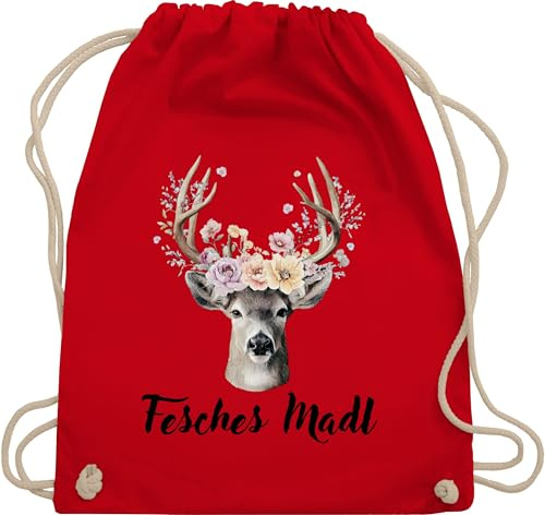 Turnbeutel Rucksack - Kompatibel mit Oktoberfest Tasche - Hirsch Fesches Madl - Outfit ohne Dirndl - Unisize - Rot - trachtenrucksack bayrische trachtentaschen bayrisch oktoberfest-tasche bayern
