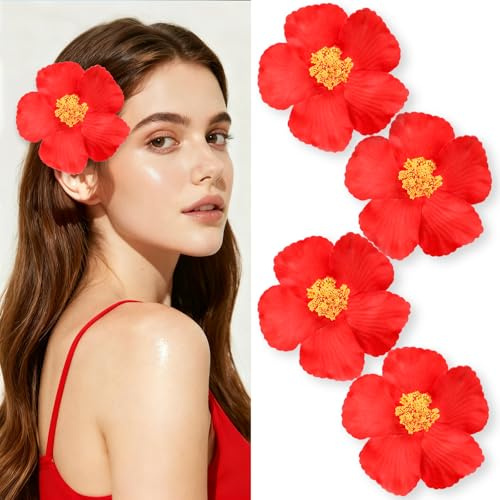 4 pinzas para el pelo de flores hawaianas rojas con diseño de flores rojas de 8 cm con flores tropicales, para mujeres, niñas, bailarinas, novias, bodas, etc