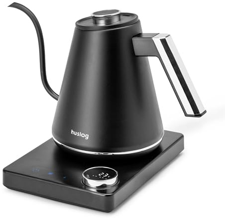huslog Vattenkokare 1L med temperaturkontroll 40–100 °C, svanhals, LED-display, varmhållningsfunktion, 1 100 W, 304 rostfritt stål, svart-silver, kabeluppdragningsbas