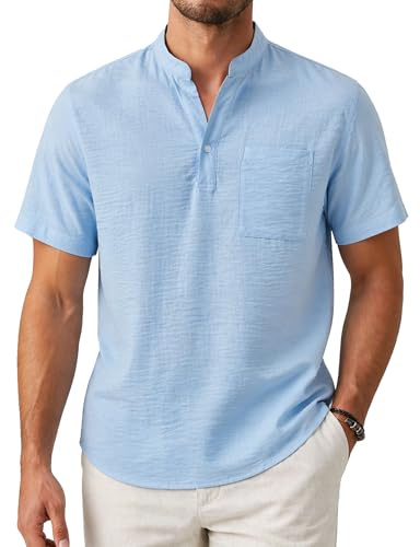 Enlision Camicia Lino Uomo Manica Corta Azzurro, Camicie Estiva Collo Coreana Traspirante con Taschino, Maglietta Casual per Spiaggia Vacanze, vestibilità Ampia Taglie XL