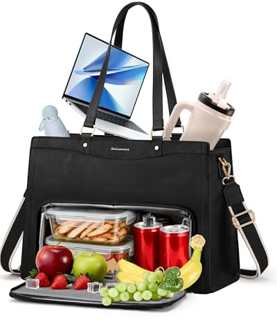 RAINSMORE Lehrertasche Damen mit Kühlfach 15,6 Zoll Laptoptasche Arbeitstasche Damen Groß PU Leder Business Handtasche mit Lunchfach Wasserdicht für Büro Uni Schule Schwarz