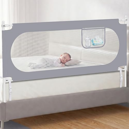 KUQAZ Rausfallschutz Bett 200cm – Bettgitter für Boxspringbett & die meisten Betten, Höhenverstellbar Bettschutzgitter mit Mesh Netz, Tasche und 2 Sicherheitsgurten, Sicher für Kleinkinder