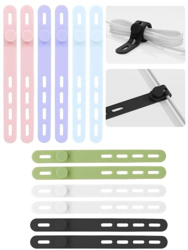 12Pcs Silicone Cable Ties Cord Organizer Wrap - Reusable Washable Wire Ties Management with Lock Buckle, Adjustable Fastening Cable Strap Tie, Multi-Purpose High Elastic Cord Organizer(6 Colors)