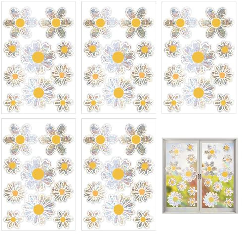 5 Pack Yellow Daisy Suncatcher Window Stickers, Anti-Collision Bird Strike Prevention Decals for Glass Doors, Static Cling Rainbow Effect Prism Window Film for Conservatory Home Decor