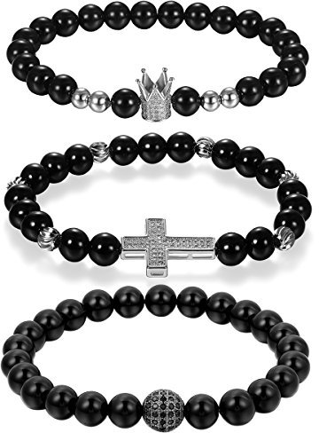 Cupimatch 3pcs Buddha Onyx Armband Armreif 22cm, 8MM Achat Energie-Stein Kugelkette Gebet Mala Stretch 23cm mit Krone Kreuz Anhänger Armschmuck für Damen Herren, schwarz silber