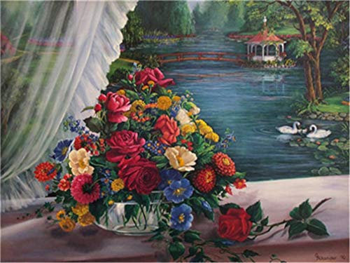 YEESAM ART DIY Ölgemälde Malen nach Zahlen Erwachsene Kinder, Rose Blumen Schwan Gartenarbeit Landschaft Zahlenmalerei ab 5 Öl Wandkunst