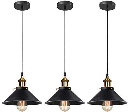 iDEGU 3 Piezas Lámparas Colgantes Vintage, 22CM Lámparas de Techo Retro de Metal Estilo Edison Industrial E27 Iluminación para Comedor, Cocina, Salón, Bar, Restaurante (3x Negro)