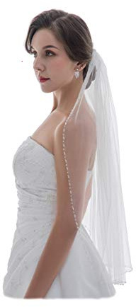 SAMKY 1T 1 Tier Pearl Crystal Beaded Edge Bridal Wedding Veil