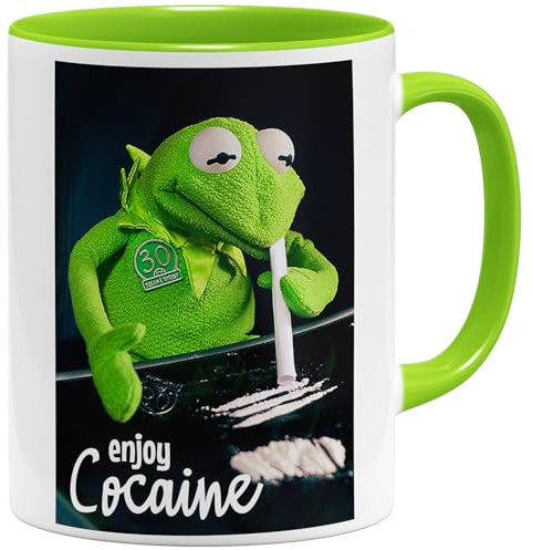 OM3® Enjoy-Frog Kaffee-Tasse Party Party Frosch - Keramik Becher - 325ml - Beidseitig Bedruckt - Hellgrün