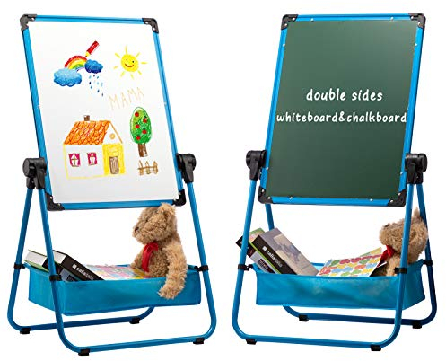 DOEWORKS Pizarra Infantil Caballete para Niños con U-Soporte, Doble Cara Pizarra Blanca y Negro, Altura Ajustable & 360°Rotación, Azul