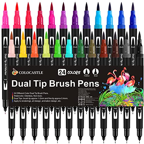 Dual Brush Pen Set, 24 Farben, Pinselstifte, Filzstifte für Kinder Bullet Journal Handlettering Aquarell Mandala Kalligraphie Manga Erwachsene Doppelfasermaler Fasermaler[1-2 mm] und Fineliner[0,4 mm]