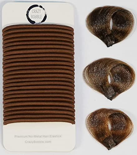 24 Pcs Medium Brown Crazy Bobble® Premium Non-Metal Hair Elastics Hair Bands 4mm Thick Hair Ties For Adults and Kids
