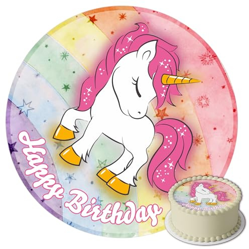 J&M DECO Tortenaufleger Einhorn – essbare Kuchendeko Ø 20 cm – Tortenbild für Mädchengeburtstag mit Regenbogen-Motiv – Tortendekoration aus Zuckerpapier – gebrauchsfertig