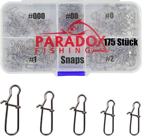 Paradox Fishing Duo Lock Snap Set I 175 Stück #000-#2 mit Box I Snaps Angeln Angelzubehör Forelle Angeln Snaps Spoons Forelle Angel Karabiner - für Forellenköder, Hecht-Köder und Barsch-Köder