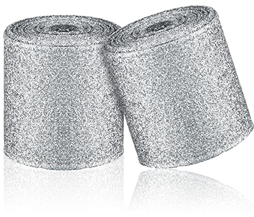 2 Rolls 20 Yards Christmas Ribbon Metallic Glitter Ribbon Wired Edge Decorative Fabric Ribbons for Party Wrapping Home Decorations Wedding Birthday DIY Crafts 2.5 Inch (Silver)