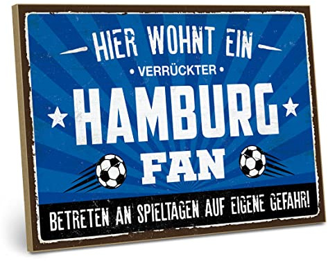 ARTFAVES® Wandbild Holzschild mit Spruch - Hier wohnt ein verrückter HAMBURG Fan - Türschild Retro Vintage Deko Bild Geschenk - Fussball